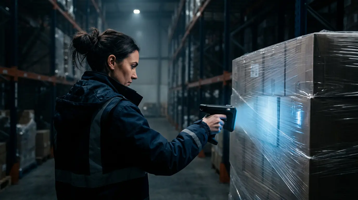 Auditor verifying a pallet with a handheld RFID reader in a dark warehouse