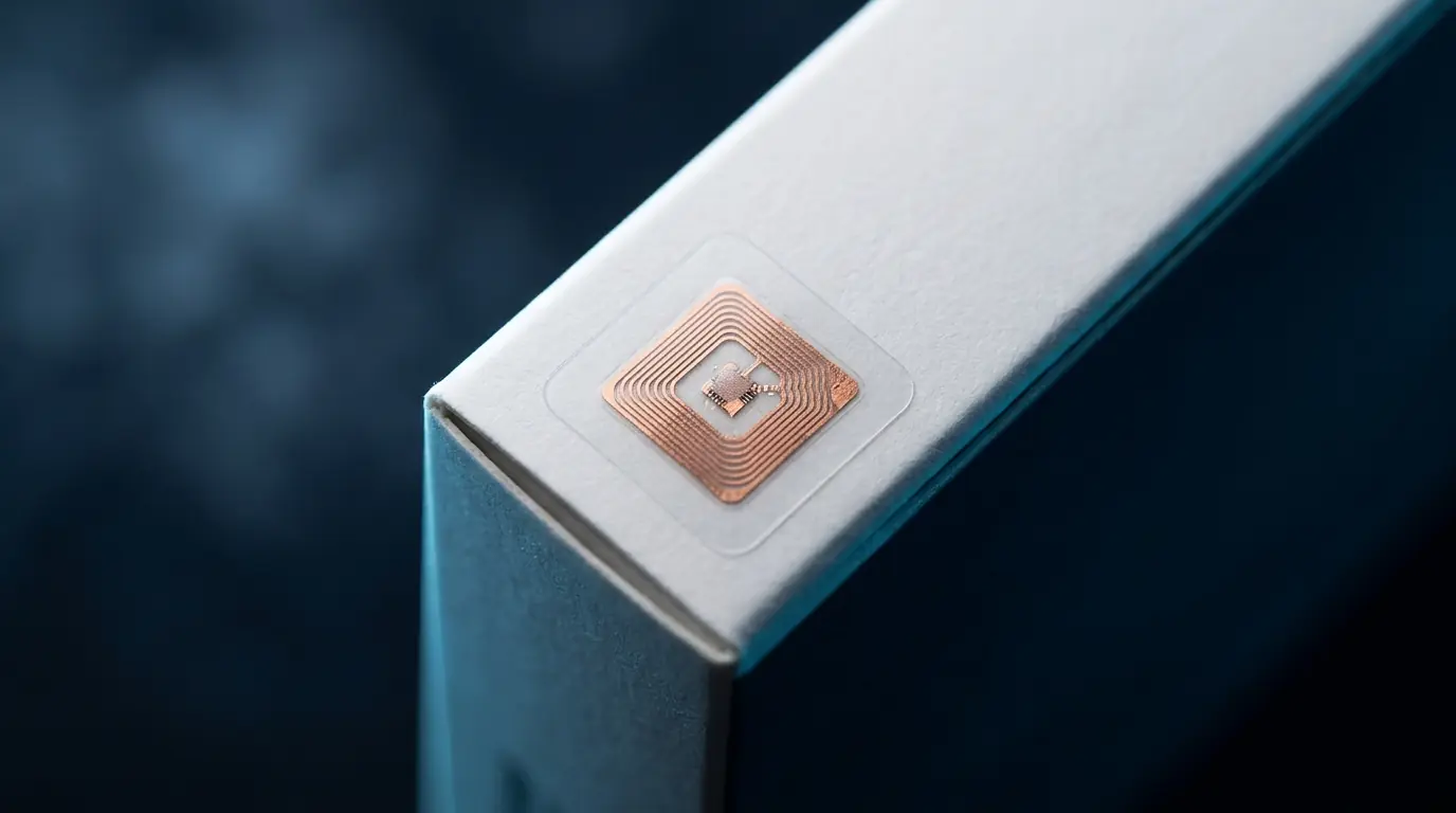 Macro of an embedded NFC antenna coil under a translucent pharmaceutical label