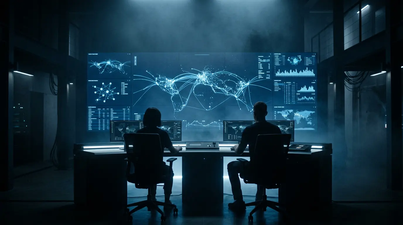 Supply-chain operations center with live route maps on dark dashboards